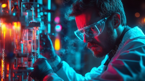 A scientist in a futuristic laboratory, wearing safety goggles, intensely analyzes an experiment. The image conveys themes of scientific innovation, cutting-edge technology, and the pursuit of knowled photo