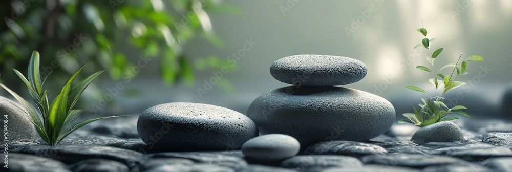 Obraz premium A serene arrangement of smooth grey stones, stacked and scattered, nestled amongst lush green plants. The textured surface evokes a sense of tranquility and grounding, symbolizing harmony, balance, gr