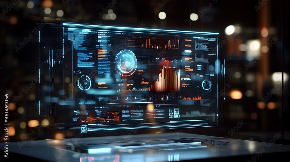 Fototapeta premium Hologram Portfolio Management Interface Showcasing Actionable Insights for Informed Financial Decision Making