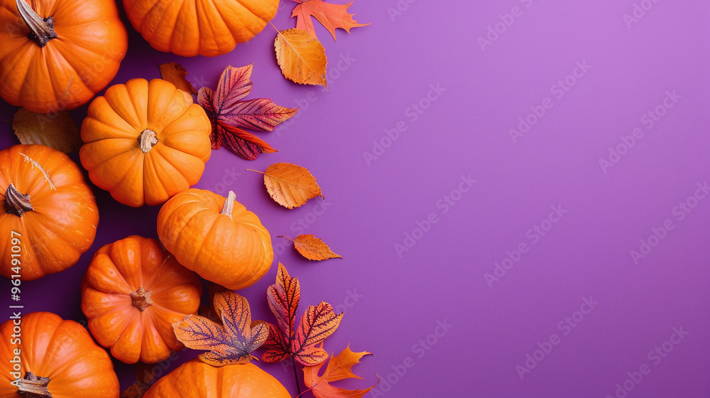 Pumpkins and autumn leaves on bright purple background. Halloween, autumn background, place for text Pumpkins and autumn leaves on bright purple background. Halloween, autumn background, place for text