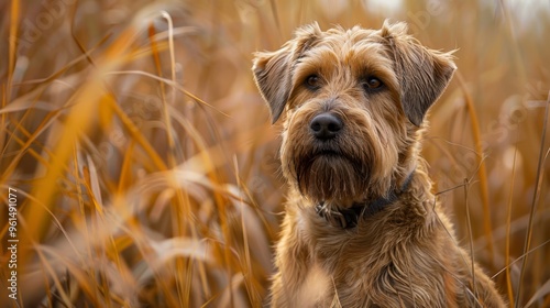  A sad-looking dog in close-up, gazing at the camera amidst a sea of tall grass