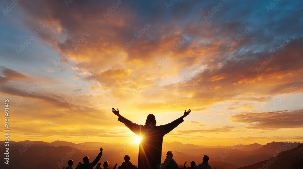 Jesus Silhouette on Hilltop at Sunset with Followers Around Jesus Silhouette on Hilltop at Sunset with Followers Around