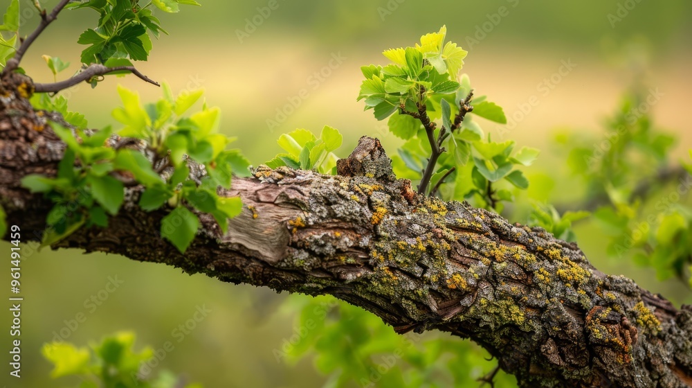 A branch of a tree, closely depicted, adorned with verdant leaves and lichen, against a softly blurred background A branch of a tree, closely depicted, adorned with verdant leaves and lichen, against a softly blurred background