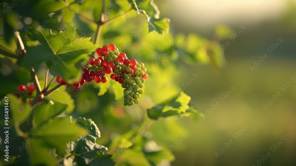 Red berries dangle from a verdant, leafy tree against a sun-kissed, softly blurred backdrop Red berries dangle from a verdant, leafy tree against a sun-kissed, softly blurred backdrop