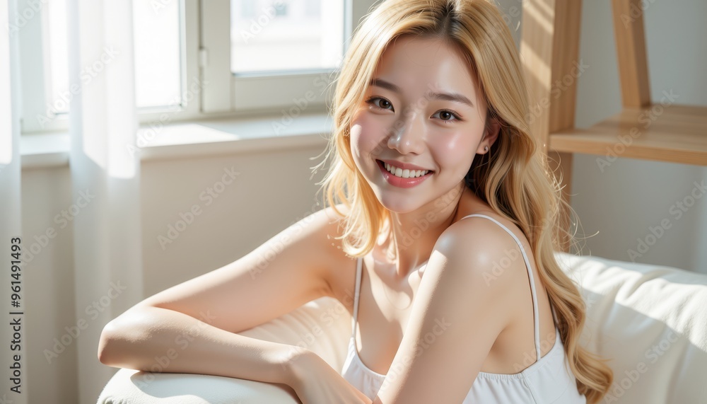 A cheerful young woman poses gracefully in a sunlit room, showcasing natural beauty and relaxed elegance. A cheerful young woman poses gracefully in a sunlit room, showcasing natural beauty and relaxed elegance.