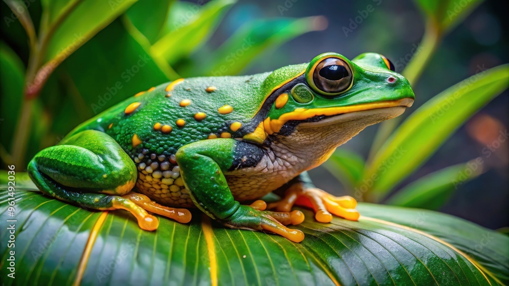 Obraz premium Vibrant green African rain frog with bright yellow underside and intricate patterned skin perches on a leaf in a lush, misty tropical rainforest environment.