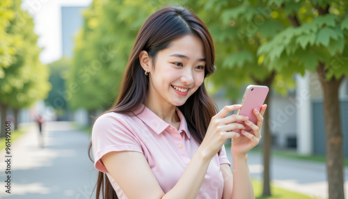 A young woman smiles while using her smartphone in a sunny outdoor setting, surrounded by trees and greenery.