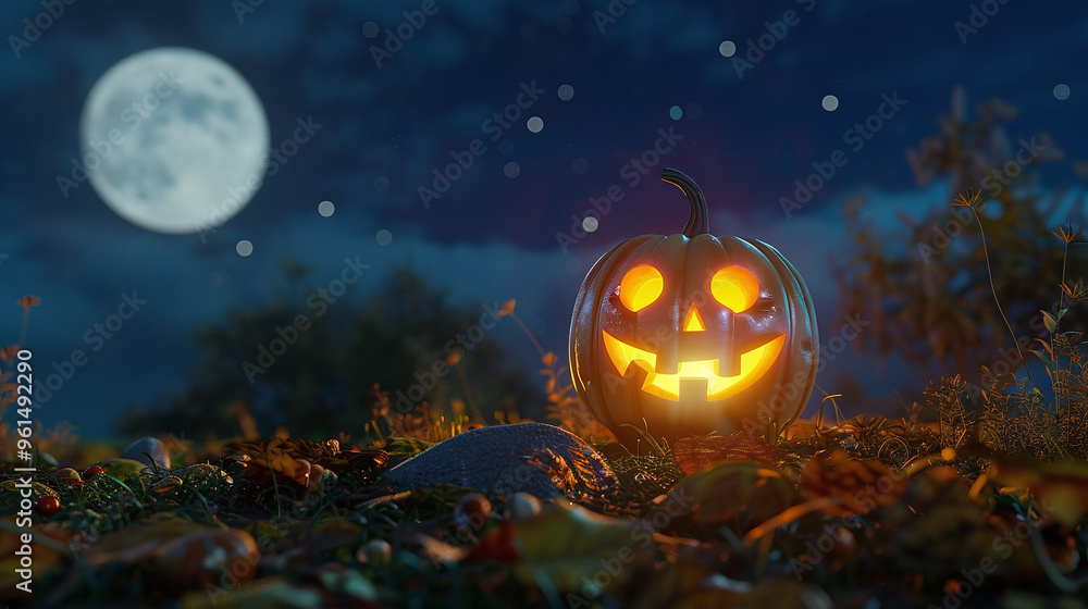 Creepy halloween jack o lantern pumpkin illuminated from inside in night forest under full moon Creepy halloween jack o lantern pumpkin illuminated from inside in night forest under full moon
