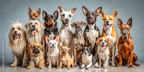 Vibrant, high-energy collection showcasing diverse breeds, from tiny Chihuahuas to massive Great Danes, in various settings, poses, and playful expressions, highlighting canine diversity.