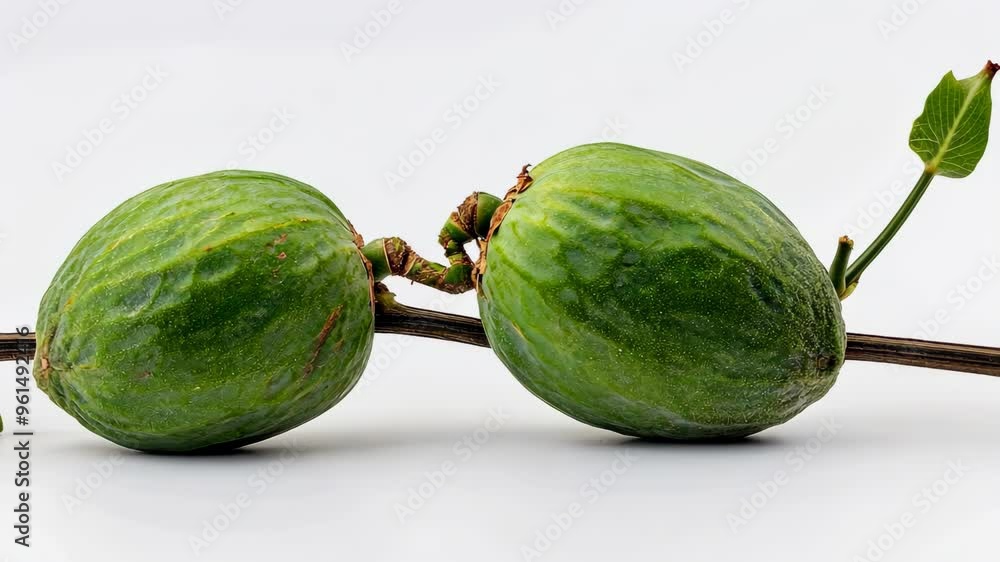 Unique green fruits growing on a branch, showcasing their distinctive shape and texture in natural setting Unique green fruits growing on a branch, showcasing their distinctive shape and texture in natural setting