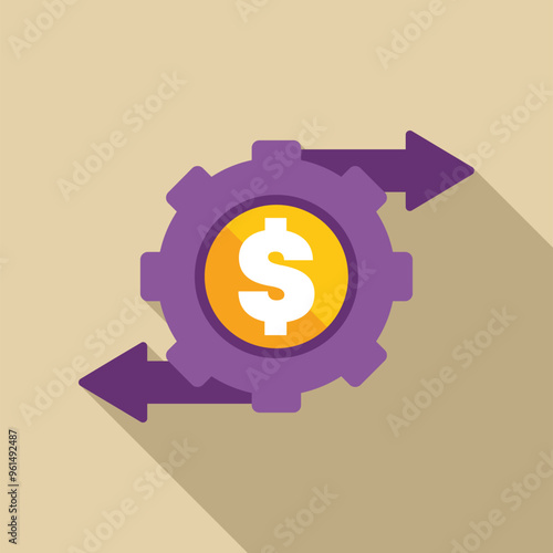 Purple gear with a gold dollar sign is generating a continuous income stream, as represented by the two arrows