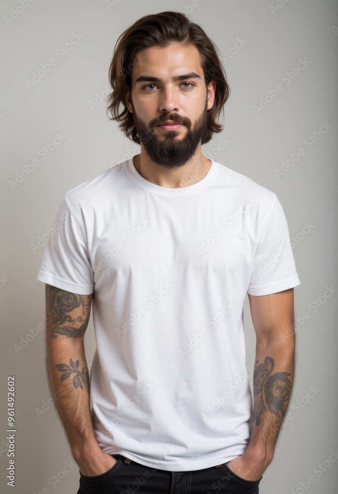 Stylish man with beard and tattoos wearing a plain white t-shirt, posing confidently against a neutral background. Stylish man with beard and tattoos wearing a plain white t-shirt, posing confidently against a neutral background.