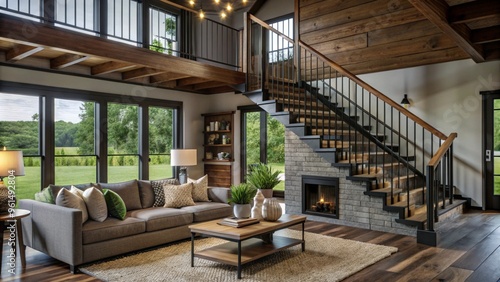 Farmhouse home interior design of modern living room with wooden staircase.
