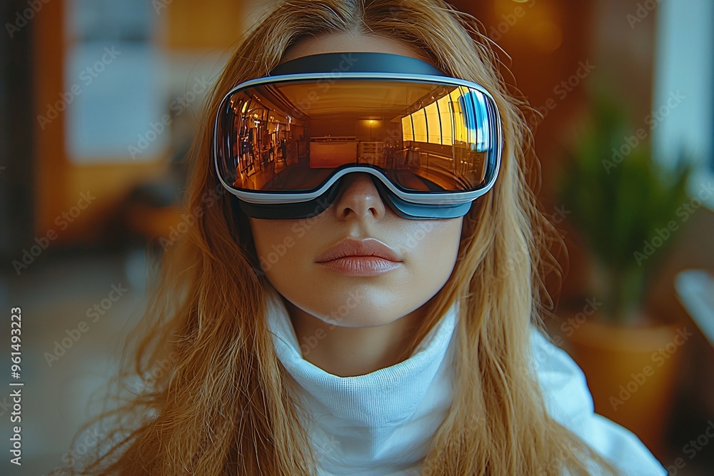 A woman wearing virtual reality glasses, embodying future technology concepts ideal for tech marketing, innovation events, and digital business strategies. A woman wearing virtual reality glasses, embodying future technology concepts ideal for tech marketing, innovation events, and digital business strategies.