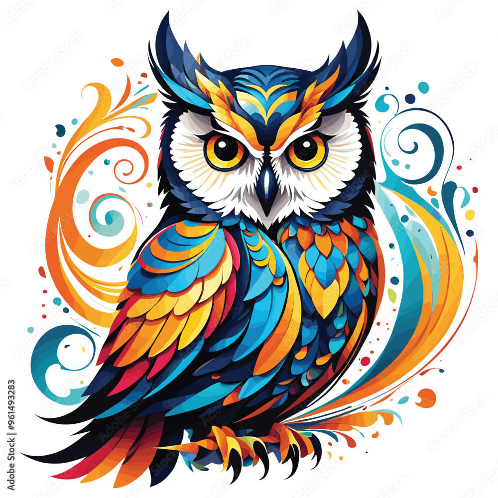 Fototapeta premium Colorful vector owl illustration on white background, perfect for artwork, decorative prints