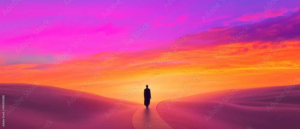 Spiritual Journey A serene figure walking on a path through vibrant dunes at sunset, embracing the beauty of nature and tranquility. Spiritual Journey A serene figure walking on a path through vibrant dunes at sunset, embracing the beauty of nature and tranquility.