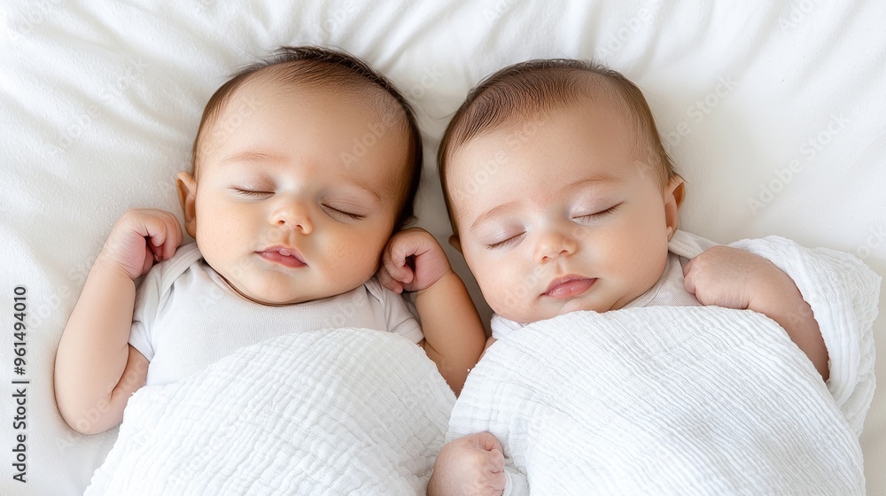 Sleeping newborn twins swaddled in white blankets, peaceful portrait. Sleeping newborn twins swaddled in white blankets, peaceful portrait.