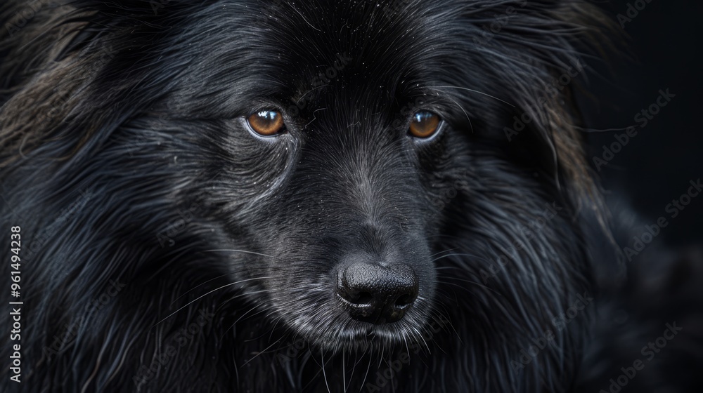 A tight shot of a black dog's face shows a distinct brown and white marking A tight shot of a black dog's face shows a distinct brown and white marking