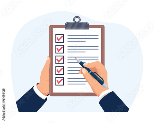 Businessman doing check marks on checklist Clipboard and agreement. Checklist on clipboard. Vector illustration.