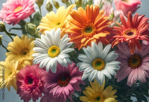 bright clear and realistic view of flowers in the vase , white, orange, yellow and pink flowers in the view 