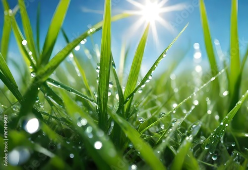Fototapeta Naklejka Na Ścianę i Meble -  water dew on the grass, sunlight morning view