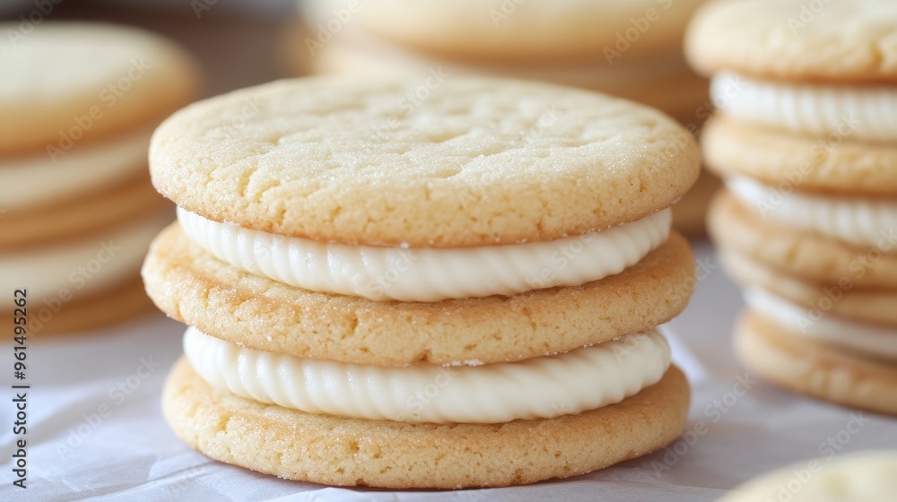 A stack of homemade vanilla cream sandwich cookies, showcasing the delicate vanilla flavor and fluffy cream filling. Perfect for afternoon tea or a sweet treat. A stack of homemade vanilla cream sandwich cookies, showcasing the delicate vanilla flavor and fluffy cream filling. Perfect for afternoon tea or a sweet treat.