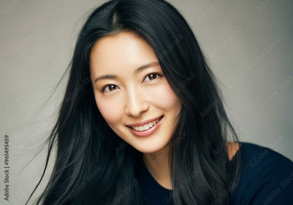 Beautiful woman with flowing hair is smiling softly, portrait woman Beautiful woman with flowing hair is smiling softly, portrait woman