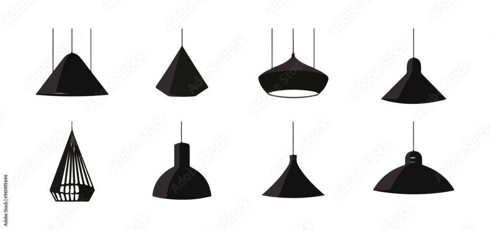 Set of eight black pendant lights, isolated on white background. Perfect for home decor or commercial use. Set of eight black pendant lights, isolated on white background. Perfect for home decor or commercial use.