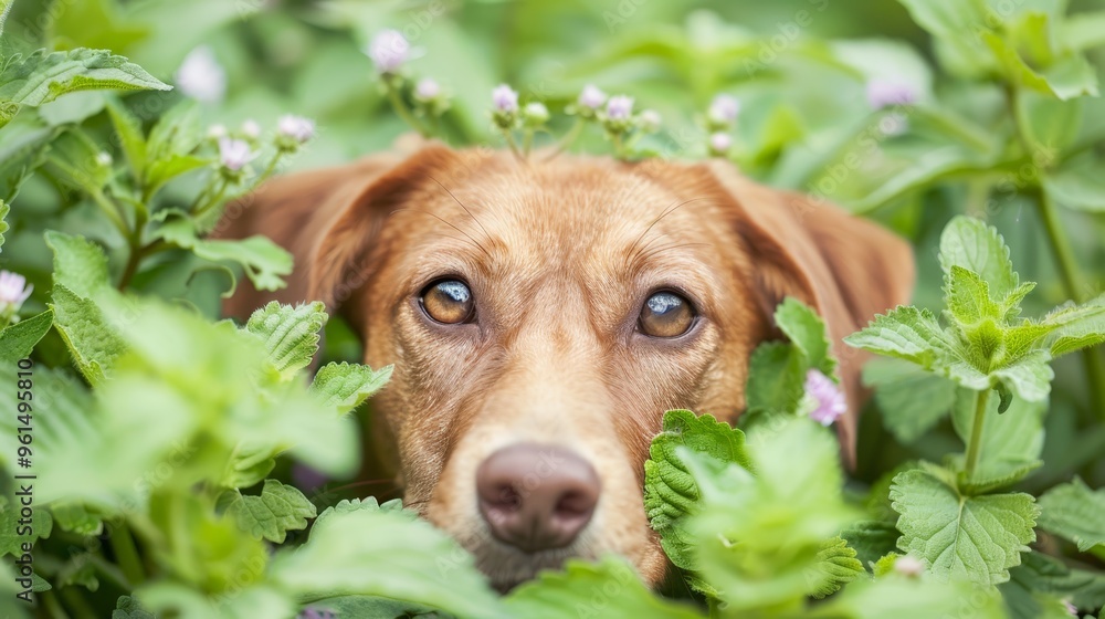 A dog's face gazes intently from amongst bush leaves, flowers surrounding it in the background A dog's face gazes intently from amongst bush leaves, flowers surrounding it in the background
