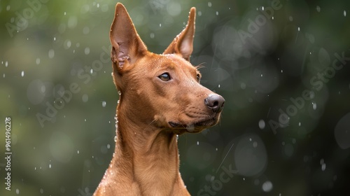  A tight shot of a dog's expressive face, rains cascading down its fur, with tree silhouettes framing the backdrop