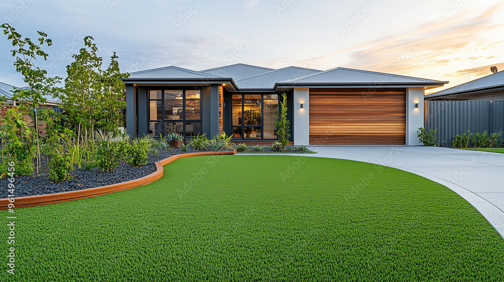 Obraz premium Nowoczesny ogród domu, w którym zastosowano sztuczną trawę i eleganckie drewniane obrzeża.