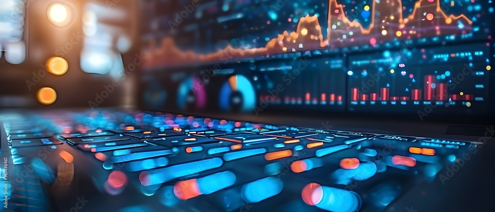 A hyperrealistic scene featuring a close-up view of a digital sound mixing console. A hyperrealistic scene featuring a close-up view of a digital sound mixing console.