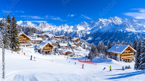 Ski Resort Village in Snowy Mountains with Skiers on Slope