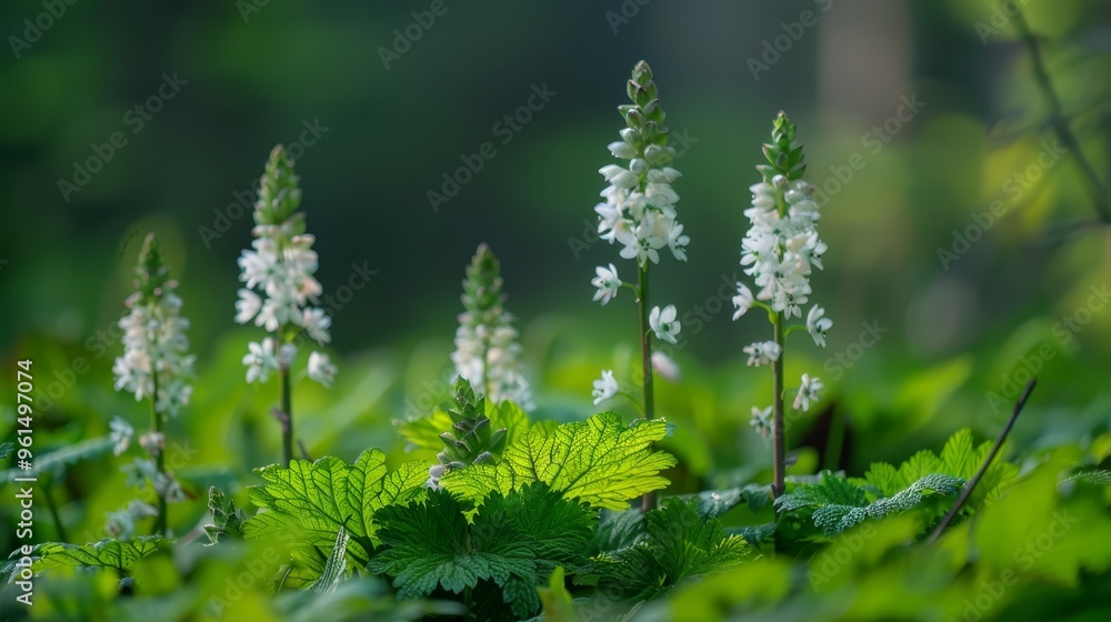 A collection of white blooms atop a verdant forest floor, teeming with numerous green leaves A collection of white blooms atop a verdant forest floor, teeming with numerous green leaves