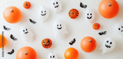 Minimalist Halloween banner with white and orange balloons, pumpkins