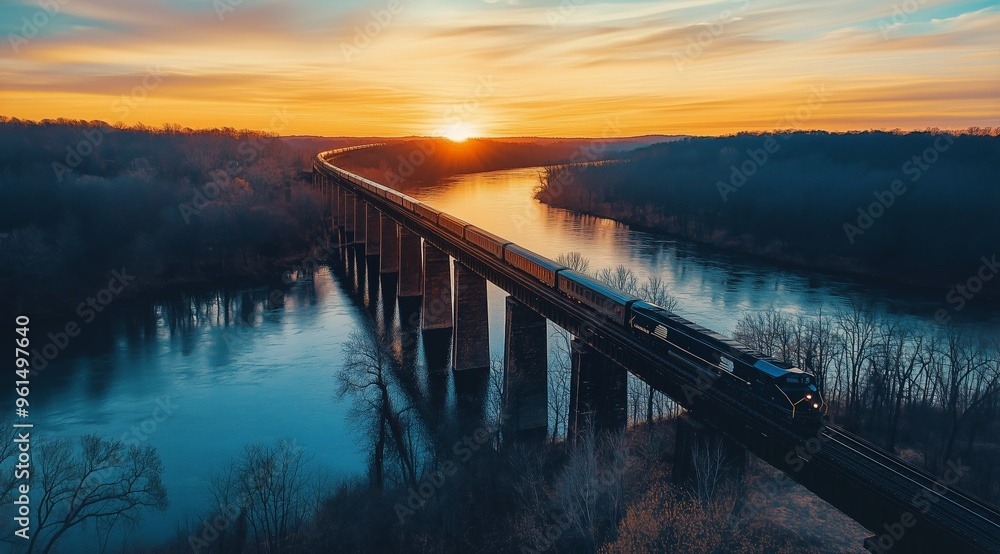 Drone Photo of Ancient Bridge with Train Moving Across River at Sunset - Wide-Angle Drone Photo of Ancient Bridge with Train Moving Across River at Sunset - Wide-Angle