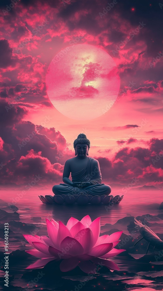 A Buddha statue with a brilliant sun and gorgeous mountains in the background, perched atop a big lotus blossom. A Buddha statue with a brilliant sun and gorgeous mountains in the background, perched atop a big lotus blossom.