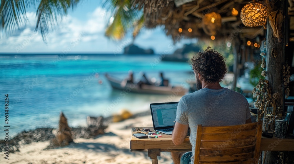 A professional working remotely from an exotic beach location, with a laptop and serene ocean view in the background A professional working remotely from an exotic beach location, with a laptop and serene ocean view in the background