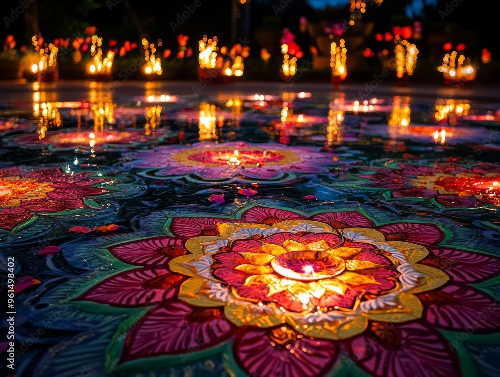 Diwali night sky ablaze with fireworks, reflected in large floral mandalas designed on the floor with bright flower petals Festival light show, Floral mandala reflections