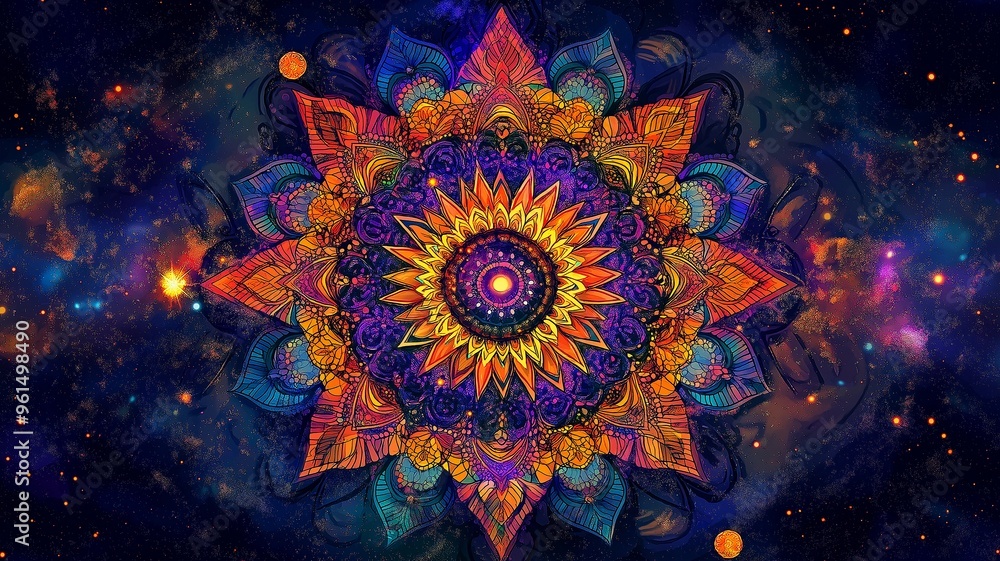 This abstract artwork combines fine art with a heavenly environment to depict the union of spirituality and the cosmos. This abstract artwork combines fine art with a heavenly environment to depict the union of spirituality and the cosmos.