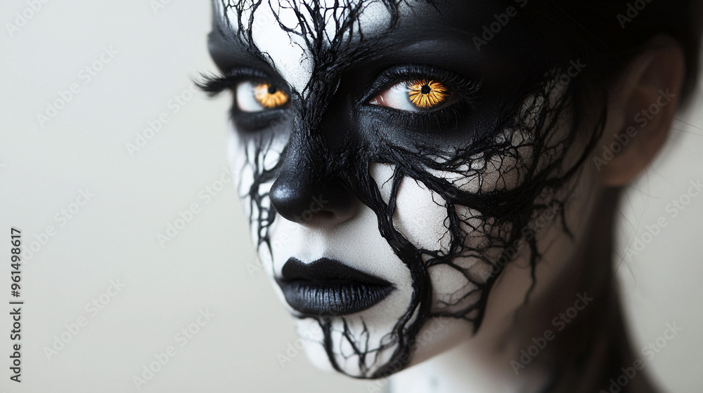 Woman with black and white fantasy makeup and yellow eyes Woman with black and white fantasy makeup and yellow eyes