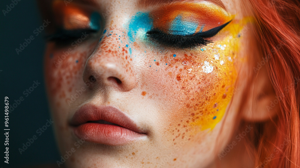 Close-up of colorful artistic makeup on freckled face Close-up of colorful artistic makeup on freckled face
