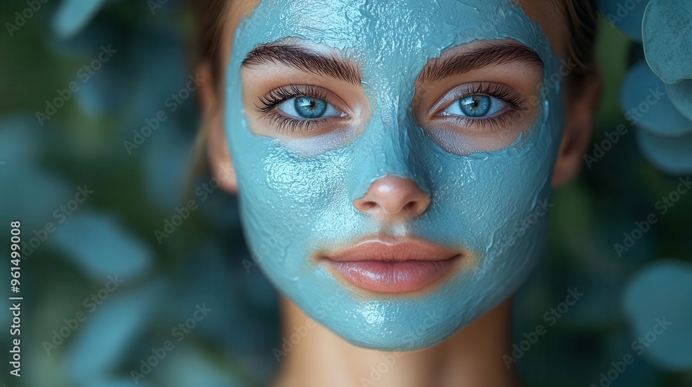 serene portrait of woman with glowing skin wearing luxurious blue clay mask zen spa atmosphere with soft focus eucalyptus leaves in background serene portrait of woman with glowing skin wearing luxurious blue clay mask zen spa atmosphere with soft focus eucalyptus leaves in background