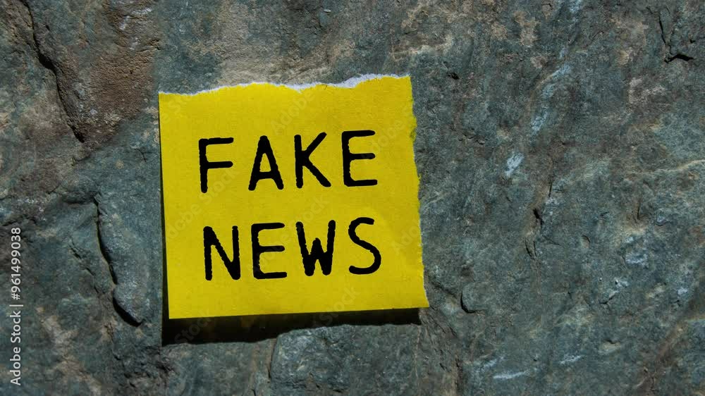 Fake news message writing on ripped torn yellow paper piece on stone background. Conceptual fake news symbol. Fake news message writing on ripped torn yellow paper piece on stone background. Conceptual fake news symbol.