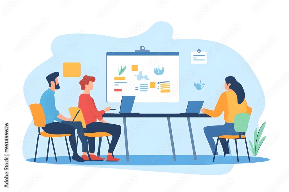 Three People Collaborating at a Desk with a Whiteboard Three People Collaborating at a Desk with a Whiteboard