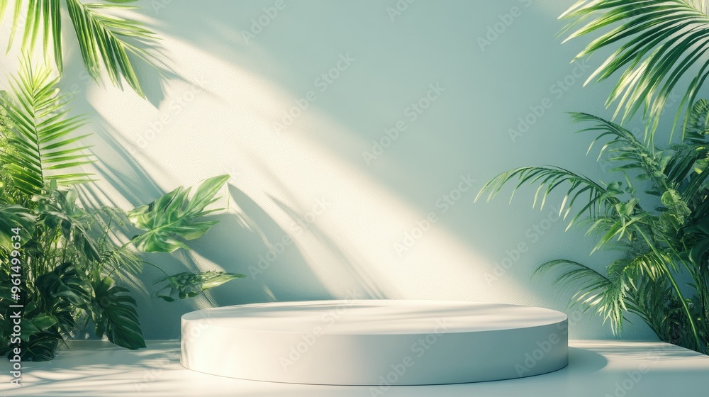 Clean 3D-rendered summer backdrop with an empty podium, designed for product display in a minimalist fashion. Clean 3D-rendered summer backdrop with an empty podium, designed for product display in a minimalist fashion.