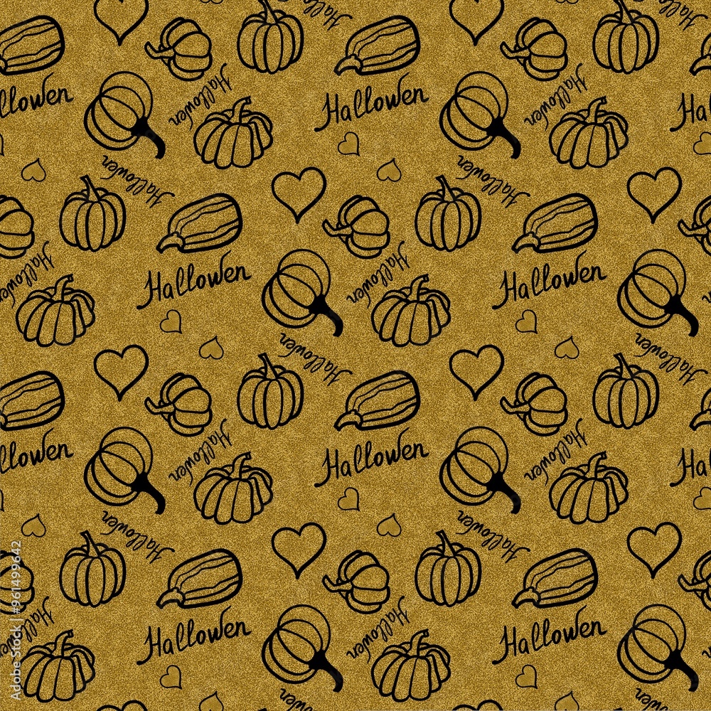 seamless pattern halloween doodle black pumpkins on golden background seamless pattern halloween doodle black pumpkins on golden background