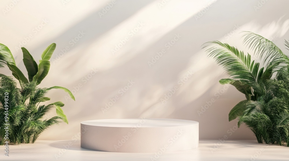 Clean 3D-rendered summer backdrop with an empty podium, designed for product display in a minimalist fashion. Clean 3D-rendered summer backdrop with an empty podium, designed for product display in a minimalist fashion.