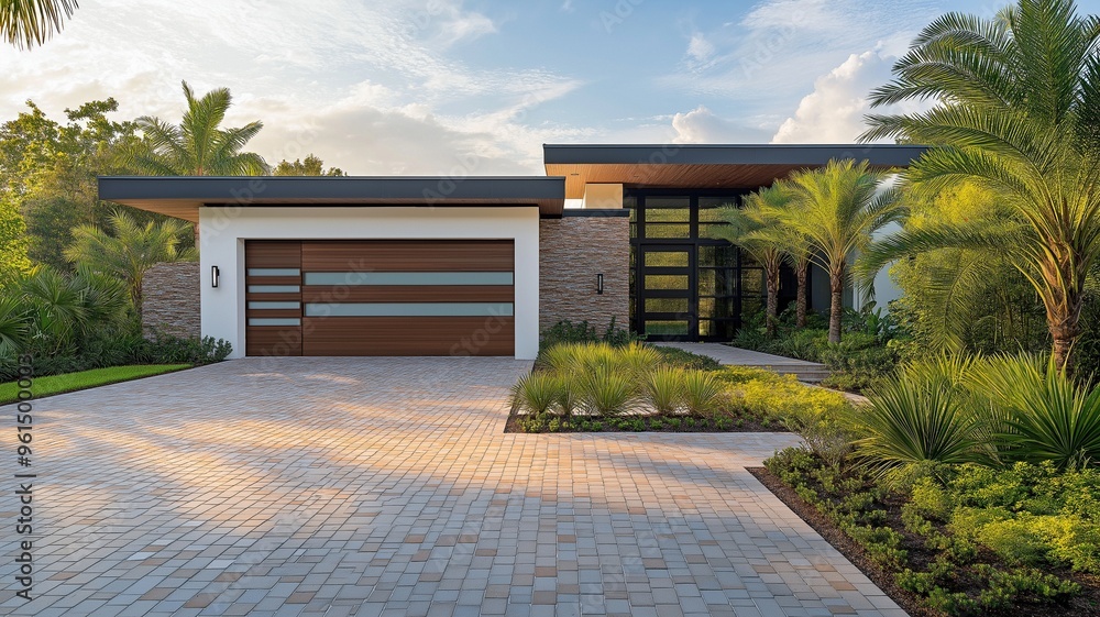 A gorgeous contemporary home with large windows, elegant architectural features, and a well-kept driveway, all nestled within lush tropical vegetation. A gorgeous contemporary home with large windows, elegant architectural features, and a well-kept driveway, all nestled within lush tropical vegetation.