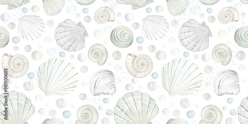 Seamless pattern of beige sea shells, bubbles and pebbles watercolor illustration on white background. Hand drawn ocean clams clipart for nautical and seaside designs in monochrome pastel colors.